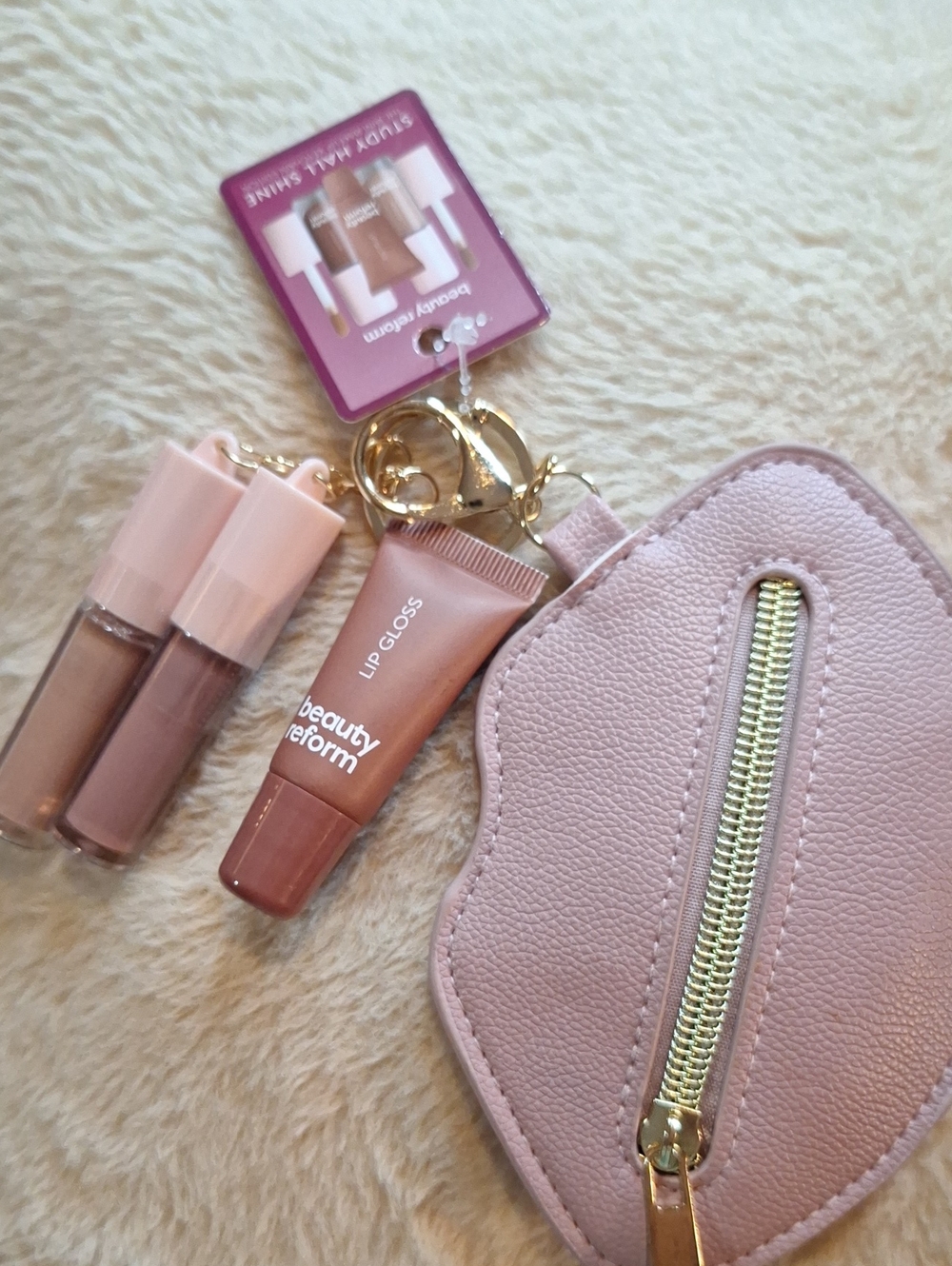 Pink Lip Gloss Set with  Lips Keychain Pouch..3 Lippies N Pouch